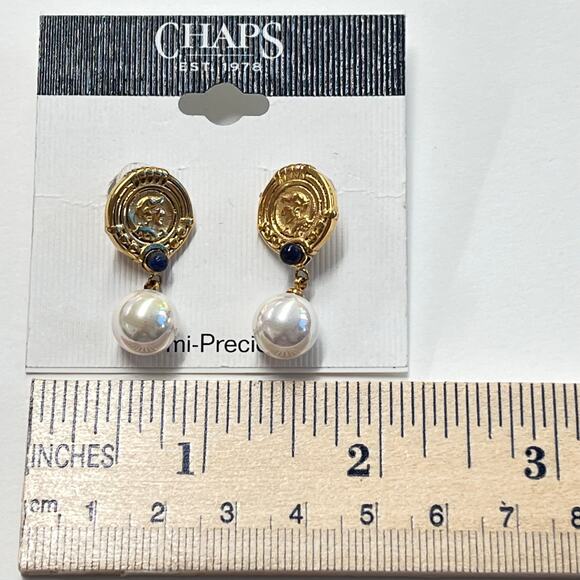 Chaps Gold and White Pearl Earrings with lucky Roman coin design Swirled Design - Picture 2 of 4